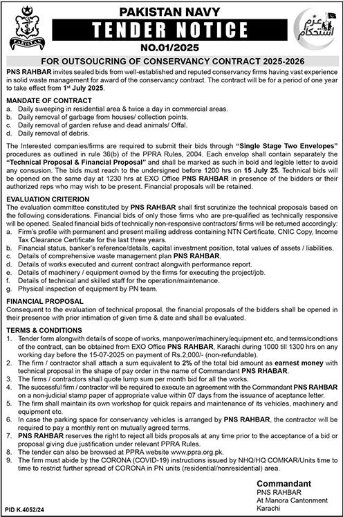 Pakistan Navy Karachi Tender Notice